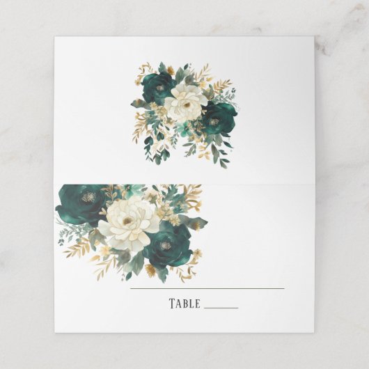 Carte De Placement Emerald Green White Gold Peonies Mariage Table (Extérieur déplié)