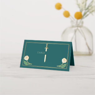 Carte De Placement Épée Fleurie Royale Blanc Sarcelle Or Mariage