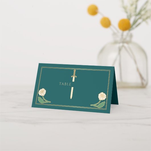 Carte De Placement Épée Fleurie Royale Blanc Sarcelle Or Mariage (Devant)
