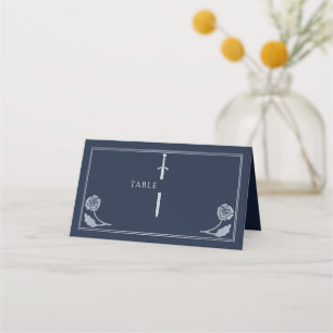 Carte De Placement Épée Médiévale Royale Bleu Argent Mariage