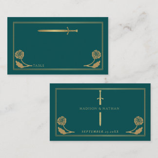 Carte De Placement Épée Royale Médiévale de Mariage Sarcelle Or