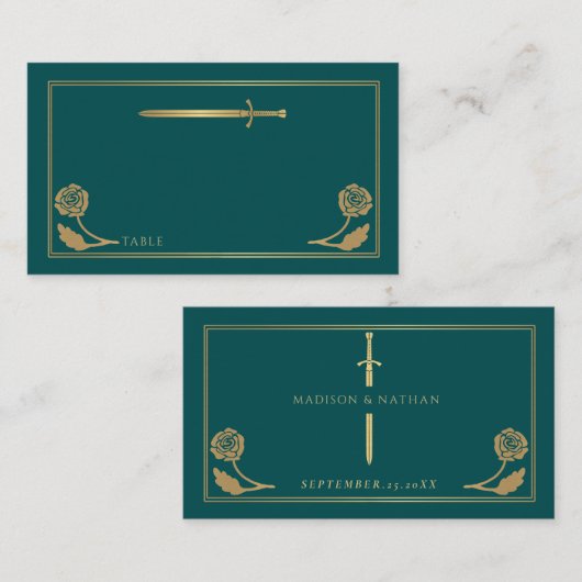 Carte De Placement Épée Royale Médiévale de Mariage Sarcelle Or (Devant / Derrière)
