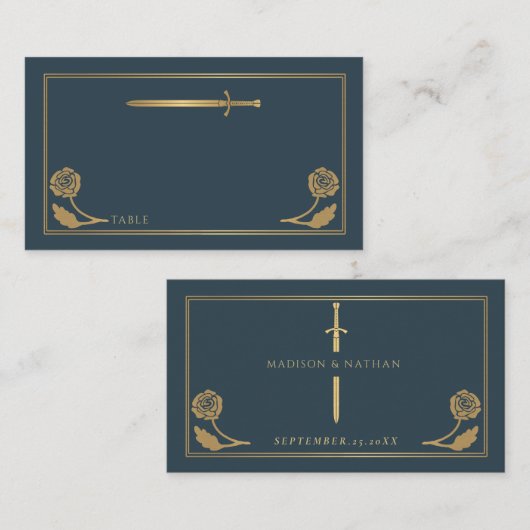 Carte De Placement Épée Royale Médiévale Grise Dorée Mariage (Devant / Derrière)