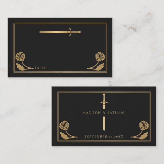 Carte De Placement Épée Royale Médiévale Noire Dorée Mariage (Devant / Derrière)