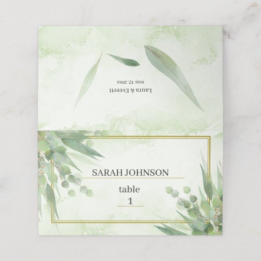 Carte De Placement Eucalyptus Mariage de feuillage vert or (Extérieur déplié)