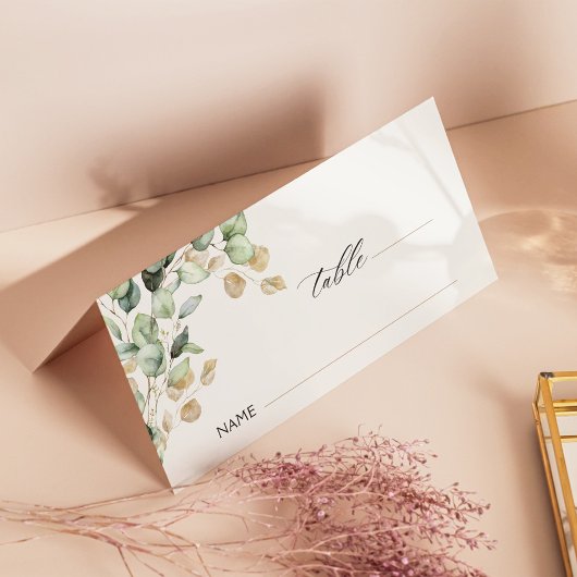 Carte De Placement Eucalyptus Verdure & Or Mariage photo pliée