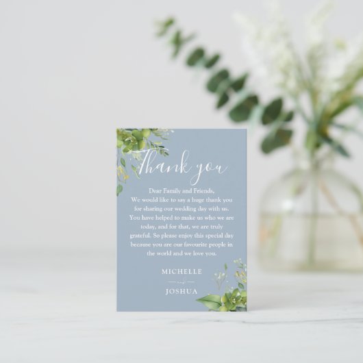 Carte De Placement Eucalyptus Vert Dusty Mariage bleu Merci (Debout devant)