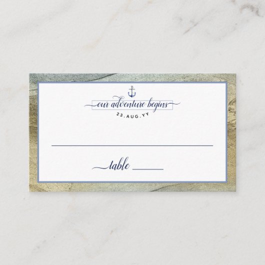 Carte De Placement Événement Mariage #Bleu Nautique & Or #Ancre (Devant)
