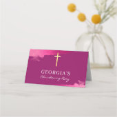 Carte De Placement ÉVÉNEMENT RELIGIEUX feuille d'or croix prune rose  (Dos)