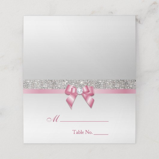Carte De Placement Faux Silver Sequins Pink Bow Place Card (Extérieur déplié)