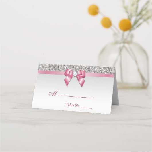 Carte De Placement Faux Silver Sequins Pink Bow Place Card (Devant)