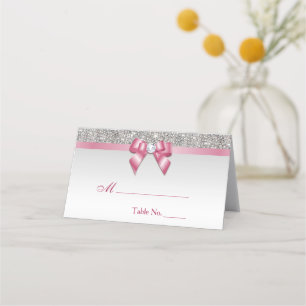 Carte De Placement Faux Silver Sequins Pink Bow Place Card