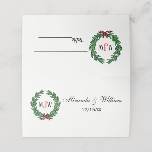 Carte De Placement Festif Noël Noël Noël Holly Wreath Monogramme (Extérieur déplié)