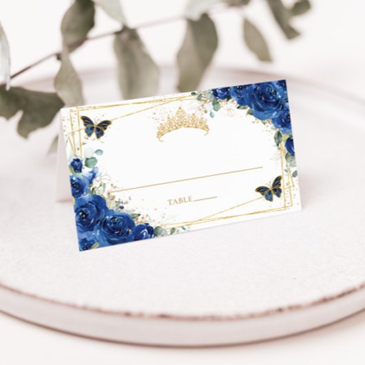Carte De Placement Fête de Quinceañera Fleurs Papillons Bleu Royal