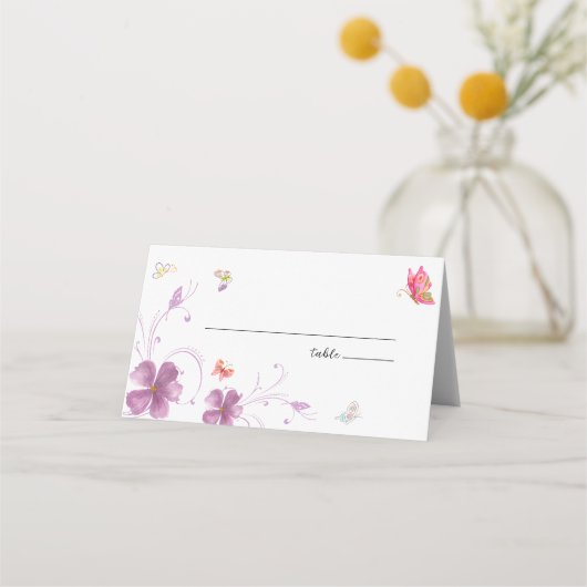 Carte De Placement Fête des mariées florale moderne aux papillons col (Devant)