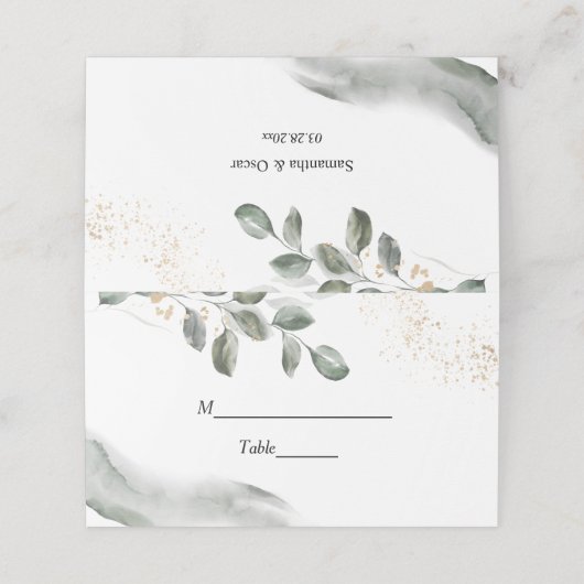 Carte De Placement Feuille d'aquarelle verte douce | Poussière d'or (Extérieur déplié)