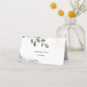 Carte De Placement Feuille d'aquarelle verte douce | Poussière d'or (Dos)