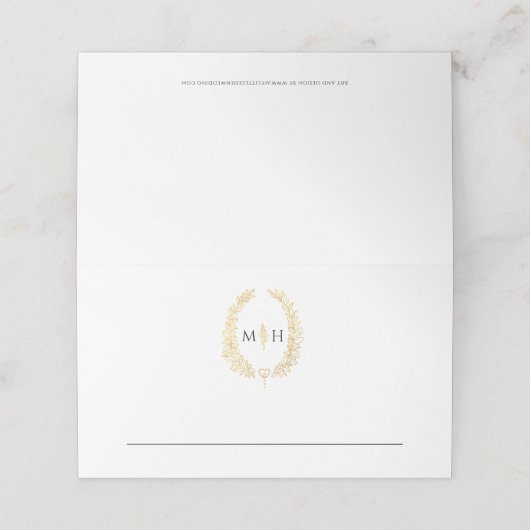 Carte De Placement Feuille ovale monogramme noir or blanc mariage (Extérieur déplié)