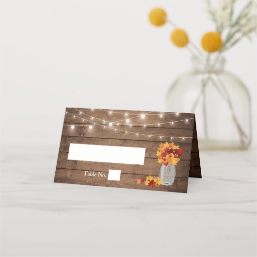 Carte De Placement Feuilles d'automne Mason Jar String Mariage de boi (Devant)