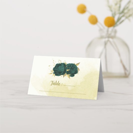 Carte De Placement Feuilles d'or aux fleurs vert émeraude (Devant)