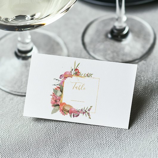Carte De Placement Feuilles roses, fleurs et macarons numéro de table