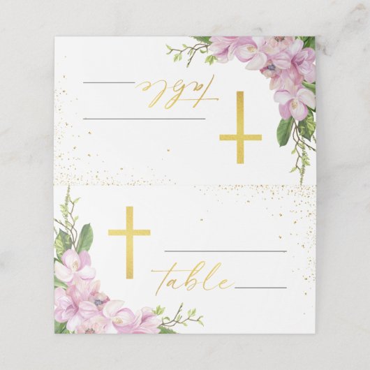 Carte De Placement Fille Baptême Fleurs roses et Gold Gross (Extérieur déplié)