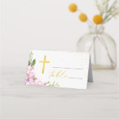 Carte De Placement Fille Baptême Fleurs roses et Gold Gross (Devant)