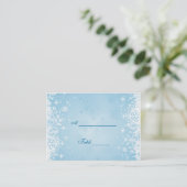 Carte De Placement Flammes de neige blanches sur la table bleue (Debout devant)