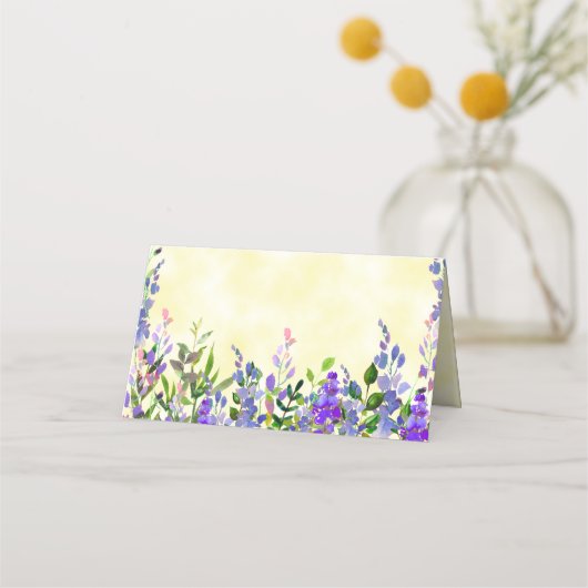Carte De Placement Fleur aquarelle violette sur nom jaune (Devant)