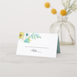 Carte De Placement Fleur bleue et jaune. Mariage botanique à la menth