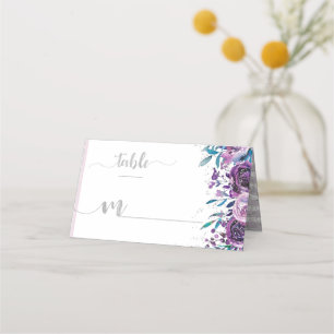 Carte De Placement Fleur pourpre et bandes argentées Nom Numéro de ta
