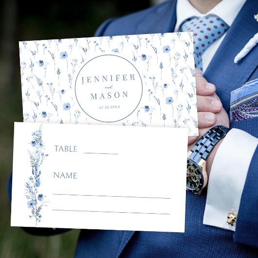 Carte De Placement Fleur sauvage bleu marine mariage plat