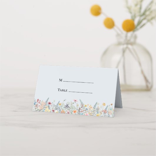 Carte De Placement Fleur sauvage simple Fern Dusty Mariage bleu plié (Devant)