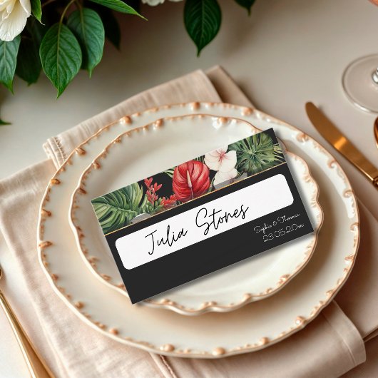 Carte De Placement Fleur tropicale et mariage foncé feuille