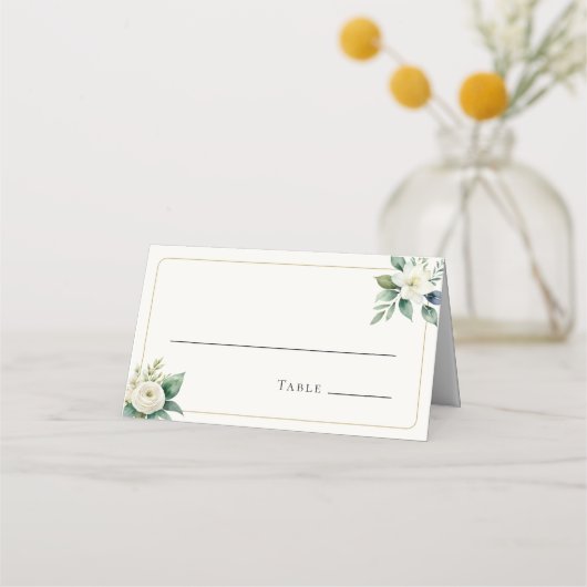 Carte De Placement Fleurs Blanches Élégantes et Verdure | Table de Ma (Devant)