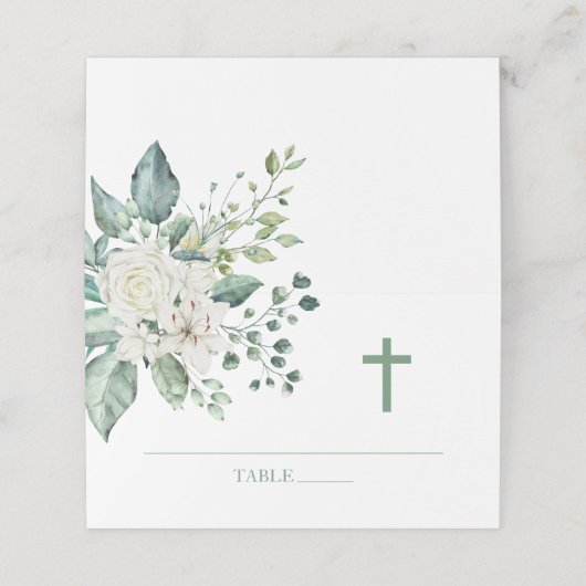 Carte De Placement Fleurs blanches Eucalyptus Baptême (Extérieur déplié)
