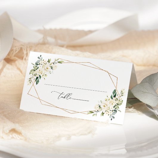 Carte De Placement Fleurs blanches, fleurs crème, verdure, mariage