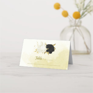 Carte De Placement fleurs blanches noires or feuilles