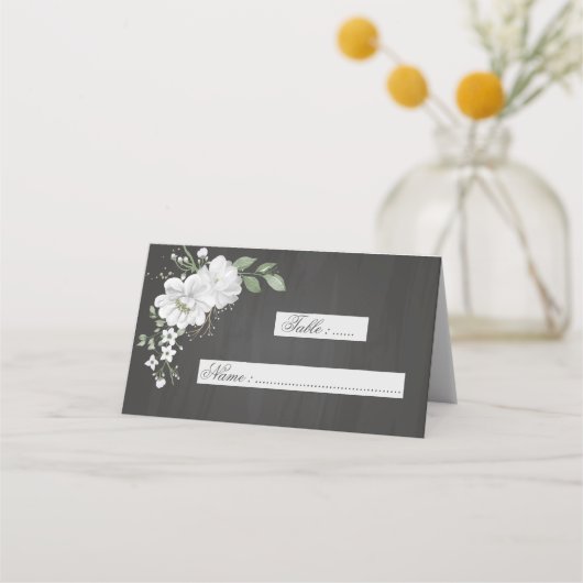 Carte De Placement fleurs blanches vert feuille botanique noir (Devant)