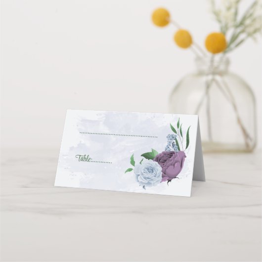 Carte De Placement Fleurs bleu pourpre vert feuille mariage (Devant)