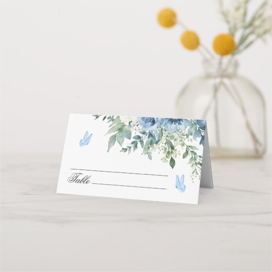 Carte De Placement Fleurs Bleu Poussiéreux Mariage (Devant)