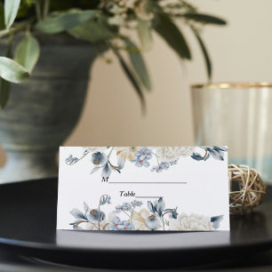 Carte De Placement Fleurs Bleues Et Blancs D'Hiver Élégantes