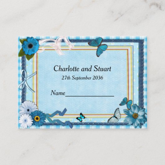 Carte De Placement Fleurs bleues et papillons (Devant)