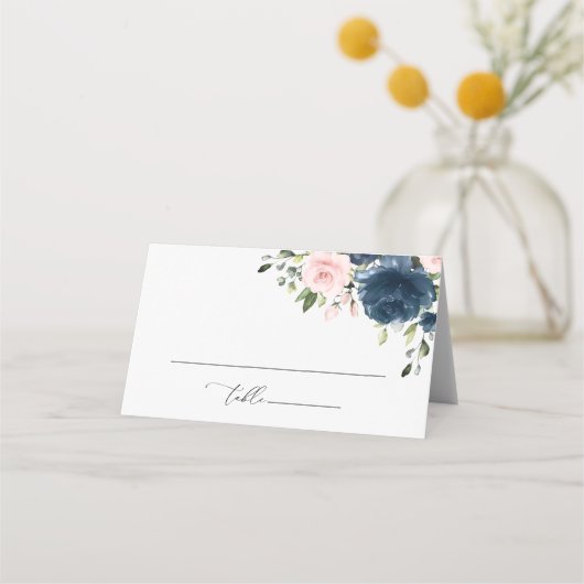 Carte De Placement Fleurs Bleues Marine, Fleurs Roses, Fête des marié (Devant)