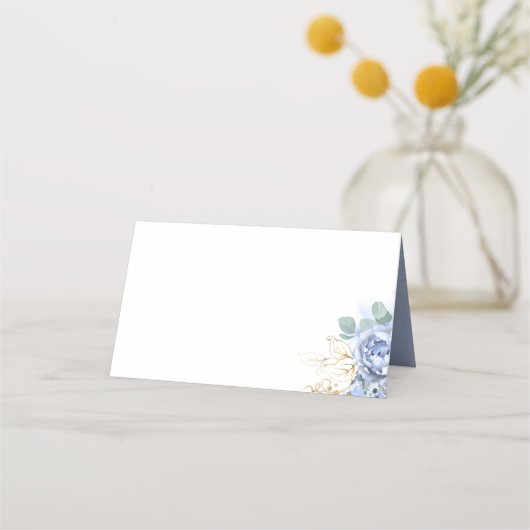 Carte De Placement Fleurs Bleues Poussiéreuses et Feuilles Dorées Boh (Devant)