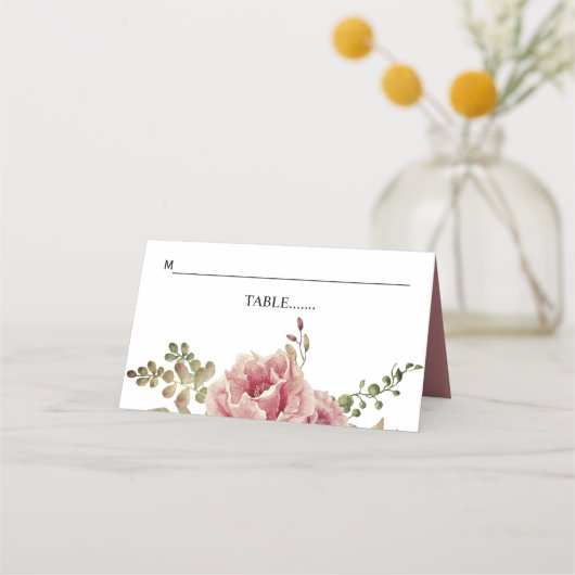 Carte De Placement Fleurs d'aquarelle rose poussiéreuse et mariage fe (Devant)