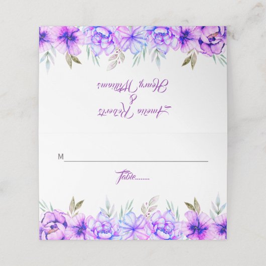 Carte De Placement Fleurs d'aquarelle violet bleu mariage (Extérieur déplié)