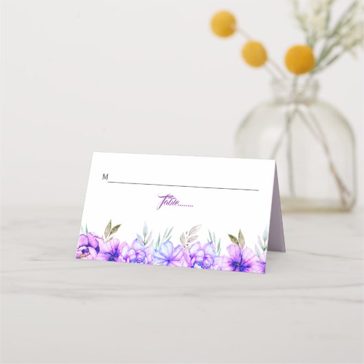 Carte De Placement Fleurs d'aquarelle violet bleu mariage (Devant)