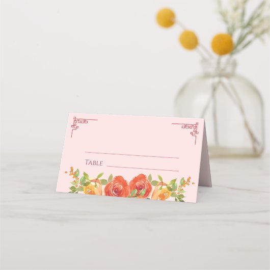 Carte De Placement Fleurs jaunes orange mariage chinois double xi (Devant)