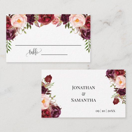 Carte De Placement Fleurs Marsala Fête des mariées Mariage plat (Devant / Derrière)